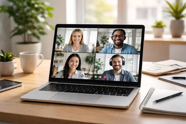 Laptop mit vier Teilnehmenden in einem Videoanruf, umgeben von Pflanzen und Büromaterial auf einem Tisch.
