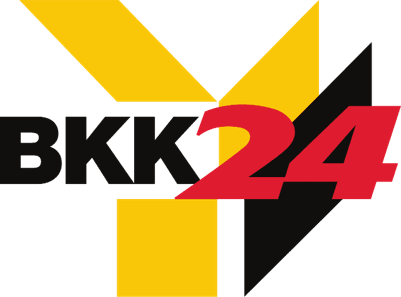 Logo der BKK24 in Schwarz, Gelb und Rot, bestehend aus geometrischen Formen und der Schrift "BKK24".
